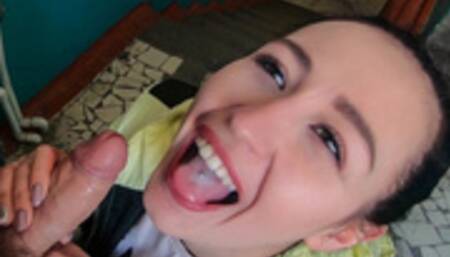 Risky blowjob on the public stairs with A lot of cum in my mouth and I had to swallow everything