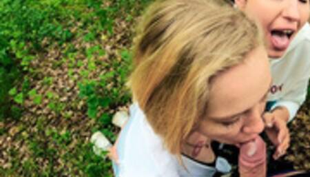 Two Girlfriends Suck Cock in the Woods - Threesome Outdoor Blowjob - Public POV