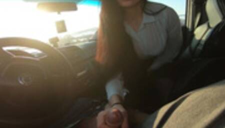 Quick blowjob with swallow in the car near the road