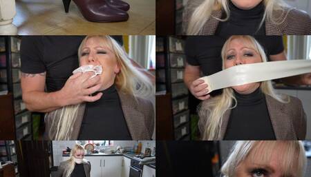 Busy blond mature teacher gets chair bound and microfoam tape gagged after class (mp4)