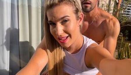 Amateur hot couple fucks on balcony under the sun and he cums on her face