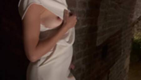 Touching my sexy wifes hard nipples outside of the night club, she is braless in public