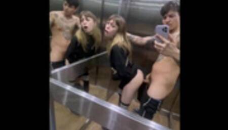 Stuck with my neighbor in elevator and he fucks my asshole with creampie