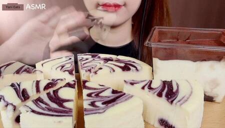 Asian Princess Yani ASMR HD Blueberry Cheesecake Dipped in Dripping Milk Chocolate Food Fetish Chewing Licks Noisy Swallowing Close-Up No Talking Red Lips