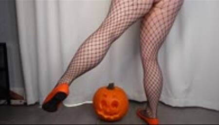 Calf Muscle Flex in Fishnets-Halloween Theme MP4 1080 in Orange Ballet Flats