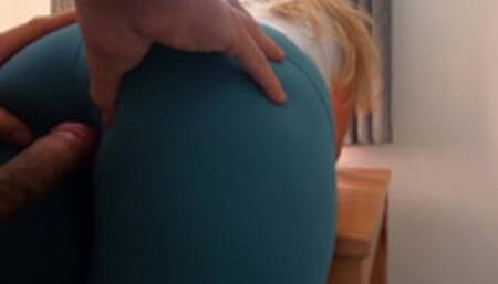 he wants to put it in her leggings, he doesn't go in, he has no choice but to rub, jerk off and cum