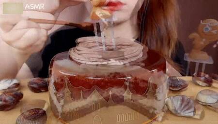 Asian Princess Yani ASMR Chocolate Feast Pt 9 creamy puffy chocolate layer cake Cream LOVERS Food Porn Fetish Chewing Licks Noisy Swallowing Close-Up No Talking tight Red Lips