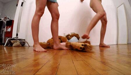 Ella Noir and Abi Plushies Squished by 4 Sexy Feet - Floor Cam 4K