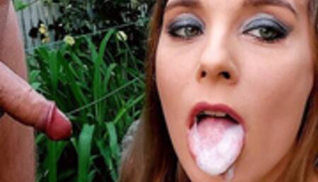 Sloppy blowjob outdoors - lots of spit, drooling and oral creampie - closeup