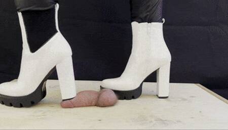 Crushing and Trampling Slave's Cock in White Dangerous Heeled Boots - CBT Foojob Femdom Cumshot Cock Crush Cockboard Shoejob BDSM Foot Domination
