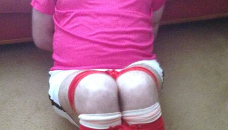 Penis pump and post orgasm blowjob on tightly bound and gagged footballer in pink