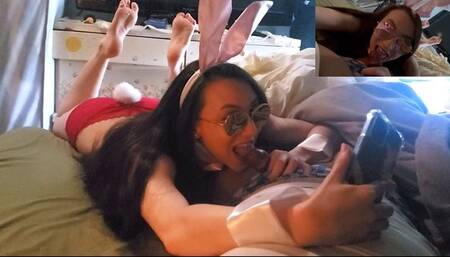 she triumphantly smiles as she continues to attack his swelling leaking tip with her talented tongue! this bad bunny truly shows how much she loves to tease in this soles up easter special.