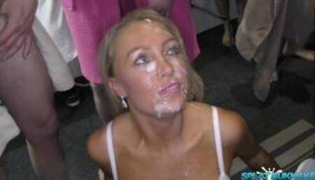 Stunning blonde MILF Kelly Myers gets a real face full of cum thanks to a sticky bukkake session