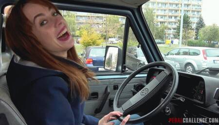 Pedal Challenge - Karolina driving and revving engine of an old VAN (4K)