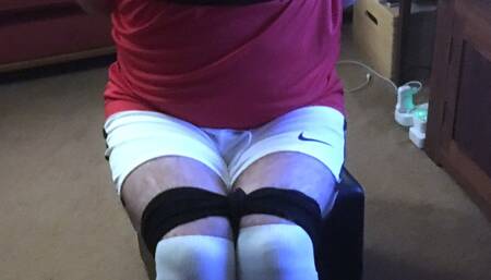 Post orgasm torment on a footballer bound and gagged on floor