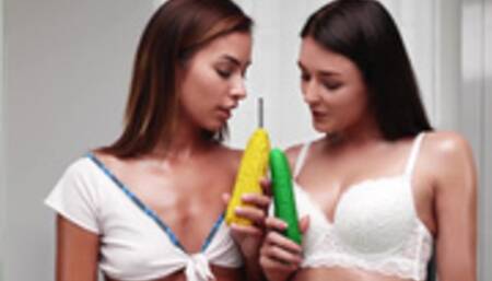 HENTAIED - Huge Cucumber & Corn in Wet Pussy of 2 Teens by Alya Stark