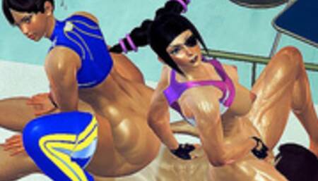 Juri Han and Chun Li Double Blowjob and Cowgirl Hentai