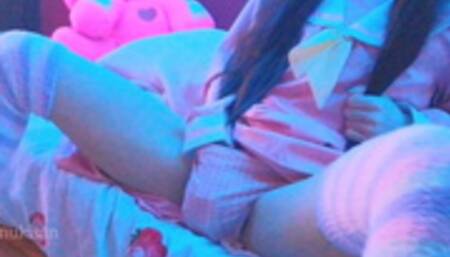 Kawaii Asian girl touching her pussy and humping pillow when parents are home loud moaning