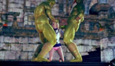 Beautiful Princess Threesome with Big Monsters in Public