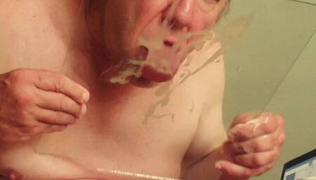 huge cum loads on glass and licking it up again