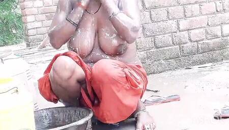 I'm open bathing and fingering her tight pussy, Indian wife bathing