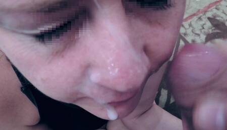 Close up blowjob from milf ended thick cumshot on her pretty face