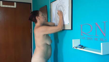 Indian nudist painting Indian pattern - Mandala. Relax music. Naked art workshop full video