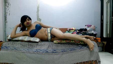Sweet sissy crossdresser femboy Sweet Lollipop with denim bikini on the bed.