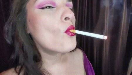 Slow motion, close up smoking and red glossy lips