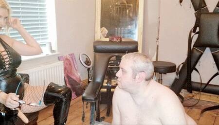 Cock Sucking Training with Lady Sara Borgia's Strapon