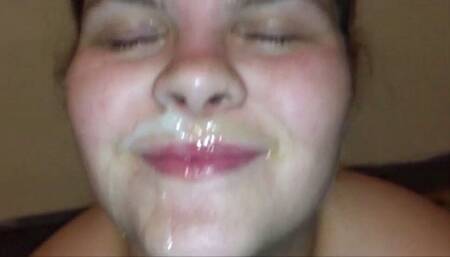 Giving huge tits wife surprise huge cum facial leaving her dripping in cum