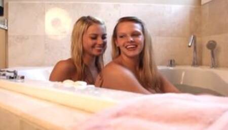 Lesbian teens bathing get wet