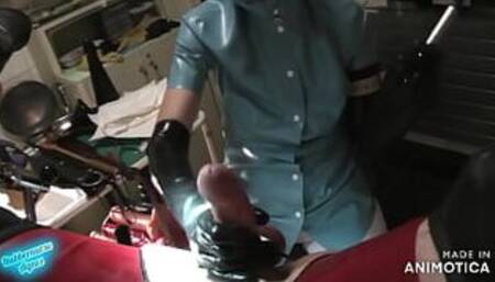 Rubbernurse Agnes - short blue latex nurse dress with mask- a little bit blowjob, handjob, prostate massage, tender CBT.....Part 1