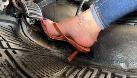Cranking My 1992 Jeep Wrangler in Brown High Heel Thong Sandals