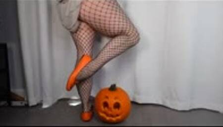 Calf Muscle Flex in Fishnets-Halloween Theme MP4 640 in Orange Ballet Flats