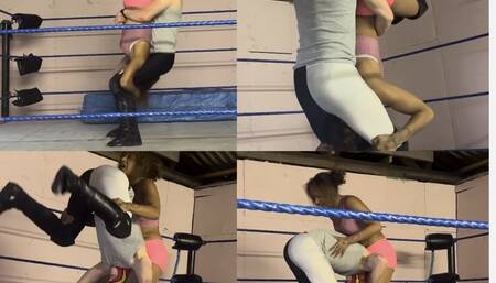 skinny masked man and female wrestler learn how todo piledrivers