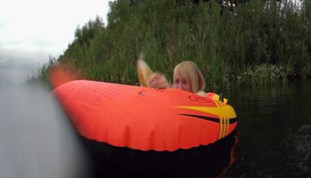 Alla is swimming in an inflatable boat on the lake and suddenly an unknown person breaks through the inflatable boat and it instantly deflates, Alla is saved using an Automatic Aircraft Inflatable Vest!!!