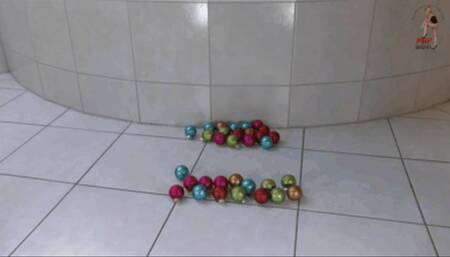 Christmas decorations under flat wooden mules
