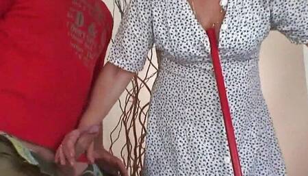 Two guys use very old hairy blonde lady