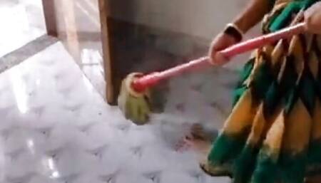 Having sex with horny housemaid in home when she cleaning