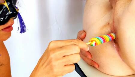 Playing with lollipops in his butthole and Fisting his ass with a black glove painful fist rimjob french