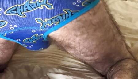 Very hairy white dude teasing my ass and pubes in small blue undies then stripping them off to show my bushy uncut cock