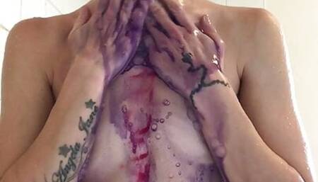 Hot blonde slut strips out of latex cat suit in shower