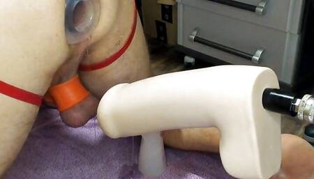 Machine Workout Anal Gape Tunnel Plug Anal Orgasm tons of lube for Bi Slut in Red Straps