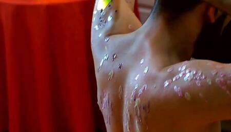 Young Uncut Latino In Colorful Christmas Wax Play With Carols In The Back