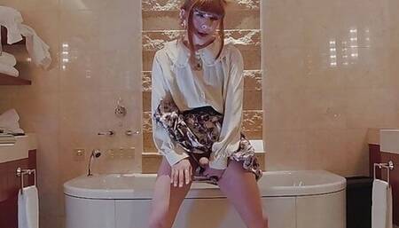 Japanese crossdresser with rabbit ear cum in a luxury hotel bathroom. cumdrop.