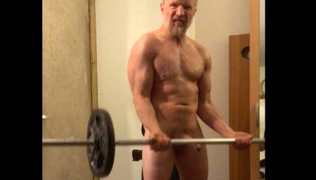 Naked muscular bodybuilder does barbell curls, flexes muscle, lots of verbal, self worship and cums
