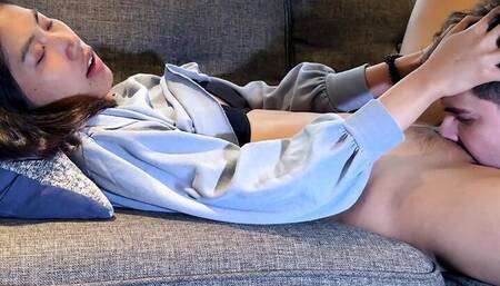 Asian licked and fucked on the couch!