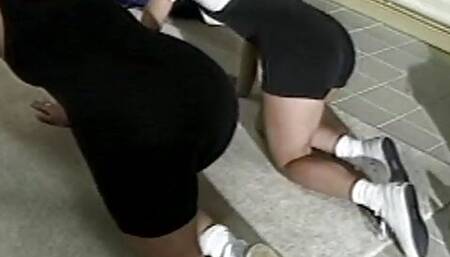Passionate lesbian masturbation after hard work in gym