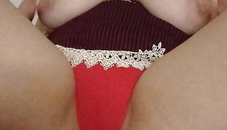 Touching my big horny boobs in sexy red panties - DepravedMinx